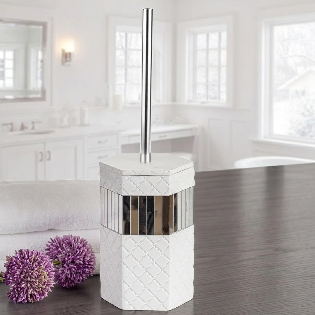 Creative Scents Quilted Mirror Bathroom Toilet Brush Set - White Toilet Bowl Brush and Holder - Good Grip Toilet Bowl Cleaner Brush and Holder