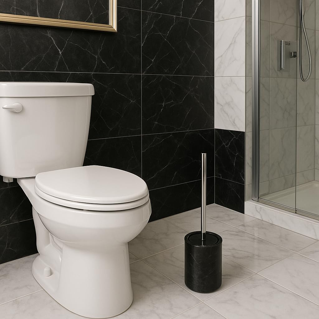 Creative Home Natural Black Marble Toilet Ball Brush and Holder Set with Silicone Cover Compact Storage Scrubbing Brush for Bathroom Cleaning, 4.3"