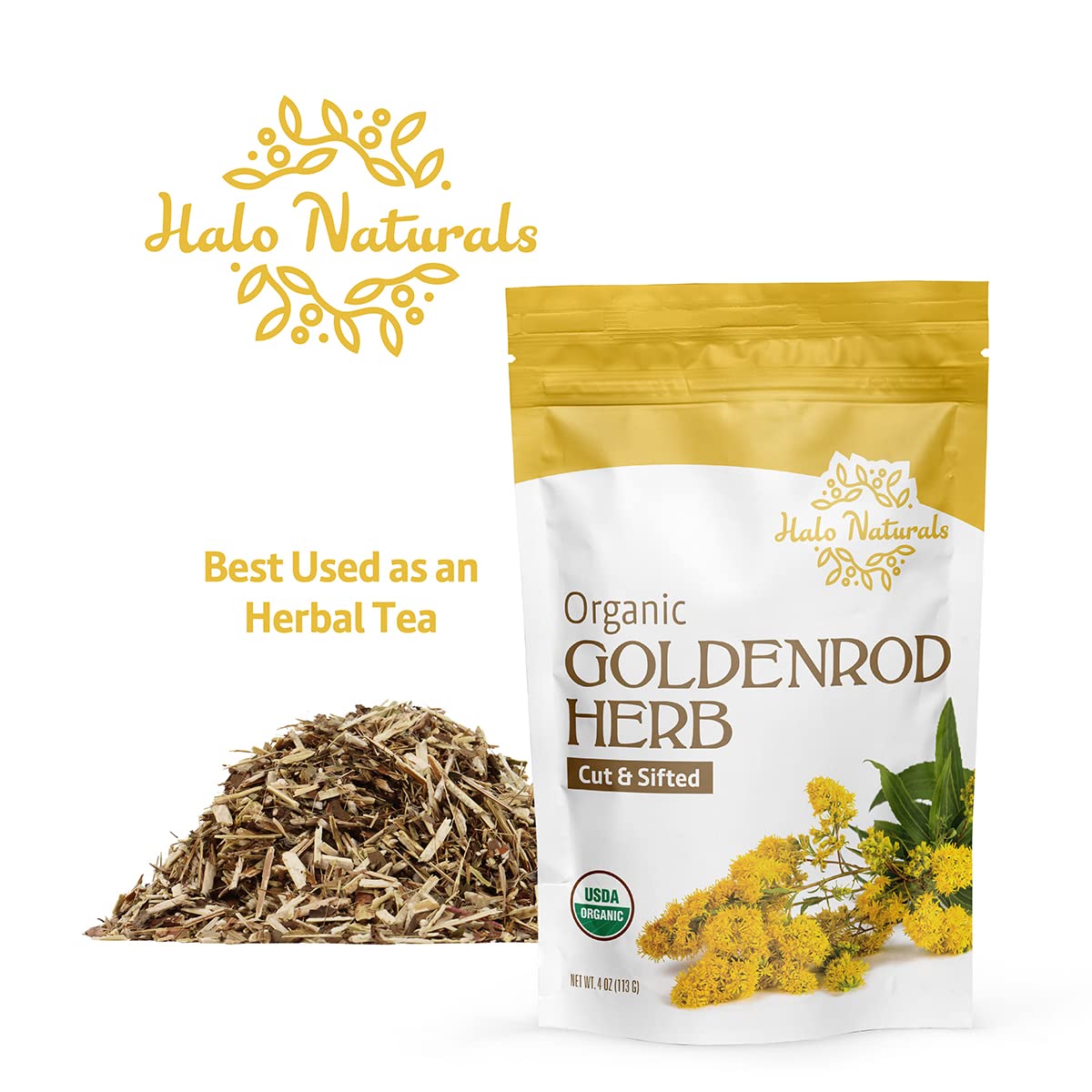 Halo Naturals Organic Goldenrod Herb Cut & Sifted, 4 Ounces (Solidago virgaurea) USDA Certified | Resealable Pouch| Packaged in The USA (Pack of 1)