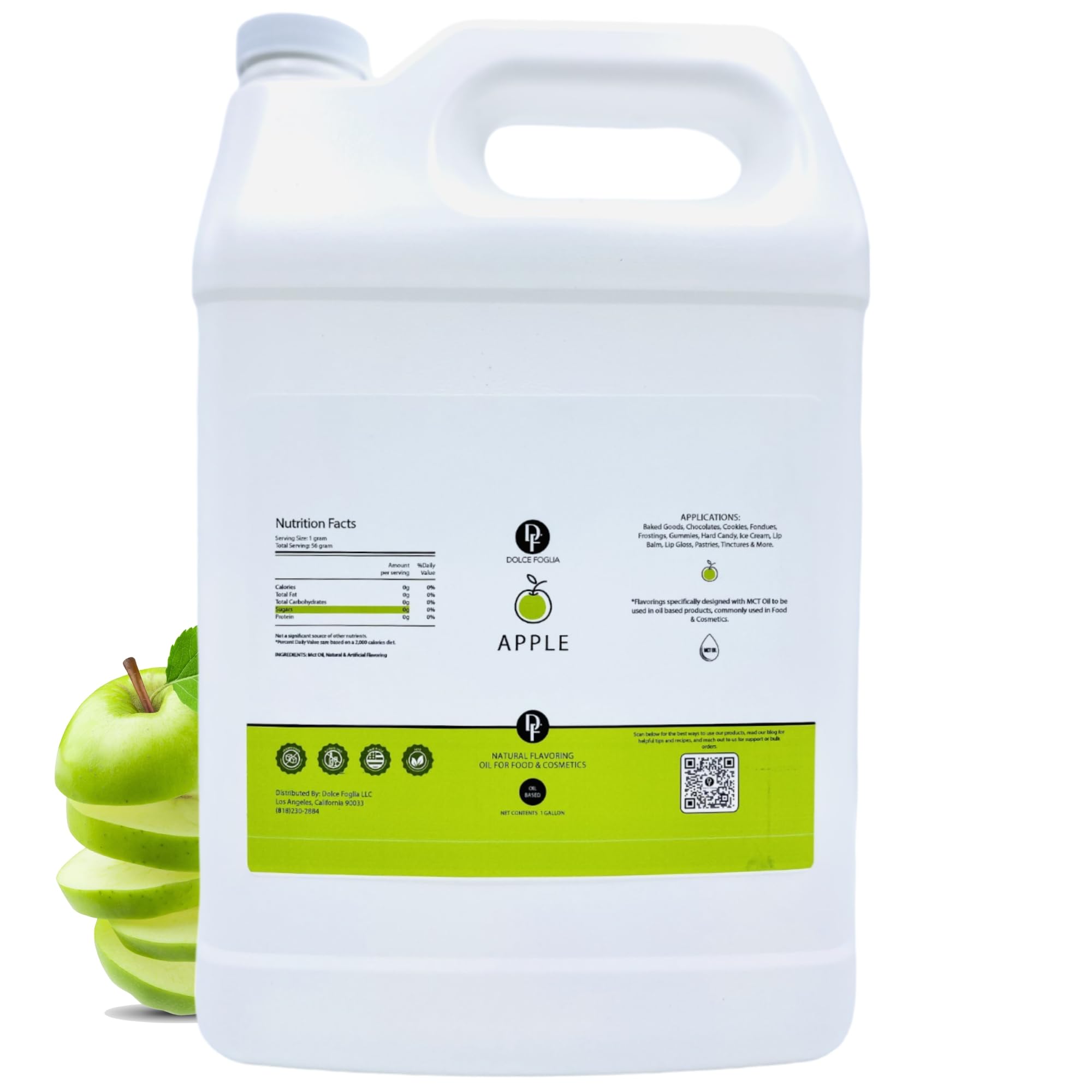 Dolce Flav Apple Extract - 1 Gallon Oil-Soluble Kosher, Sugar-Free, Concentrated Crisp Apple Flavoring for Baking, Chocolates & Desserts