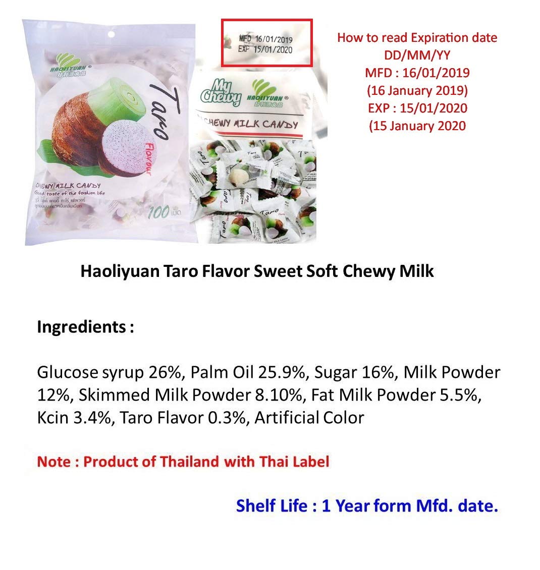 Haoliyuan Taro Flavor Sweet Soft Chewy Milk Candy, 100 Pieces (13.4 oz)