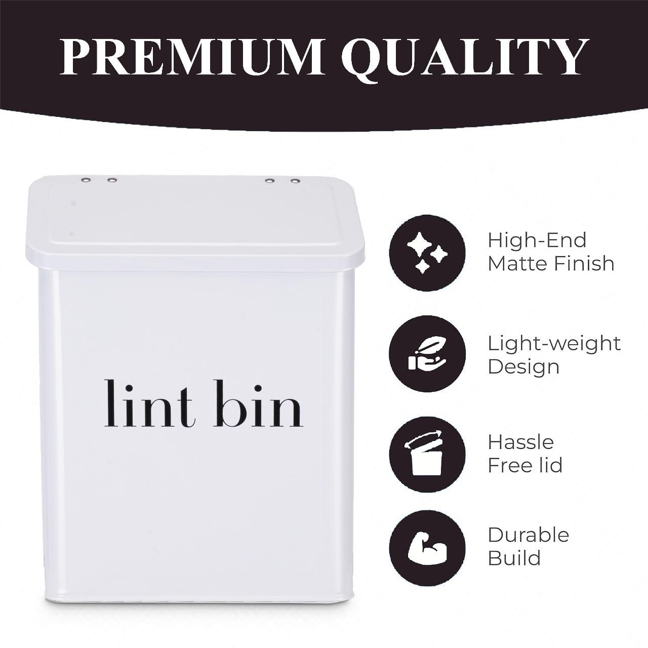 Magnetic Lint Bin with Lint Brush, Two White Hooks, one Black Back Side Hook & All Accessories for Laundry Room Decor, Wall-Mounted Lint Bin with Lid
