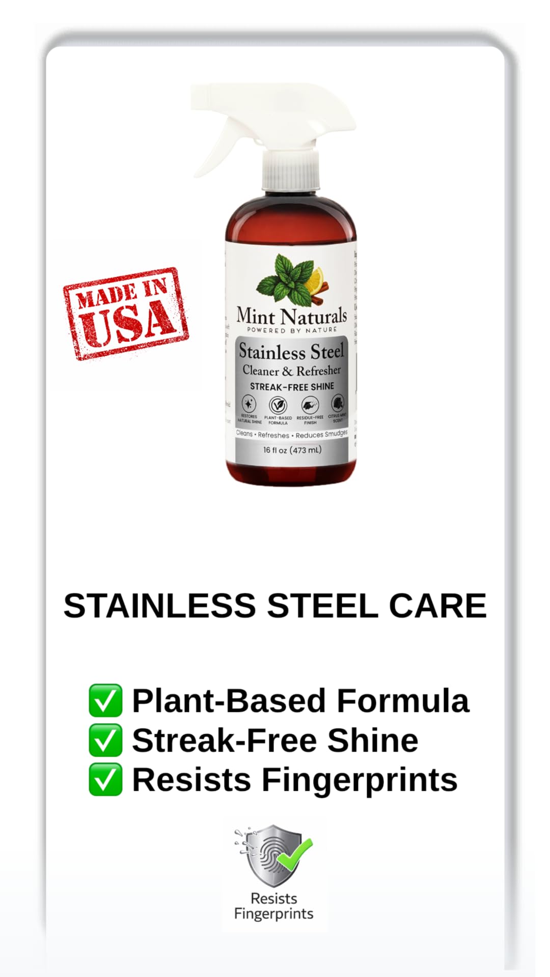 Mint Naturals Natural Stainless Steel Cleaner & Polisher - Plant Based Formula That Helps Clean, Restore Shine & Resist Fingerprints on Fridges