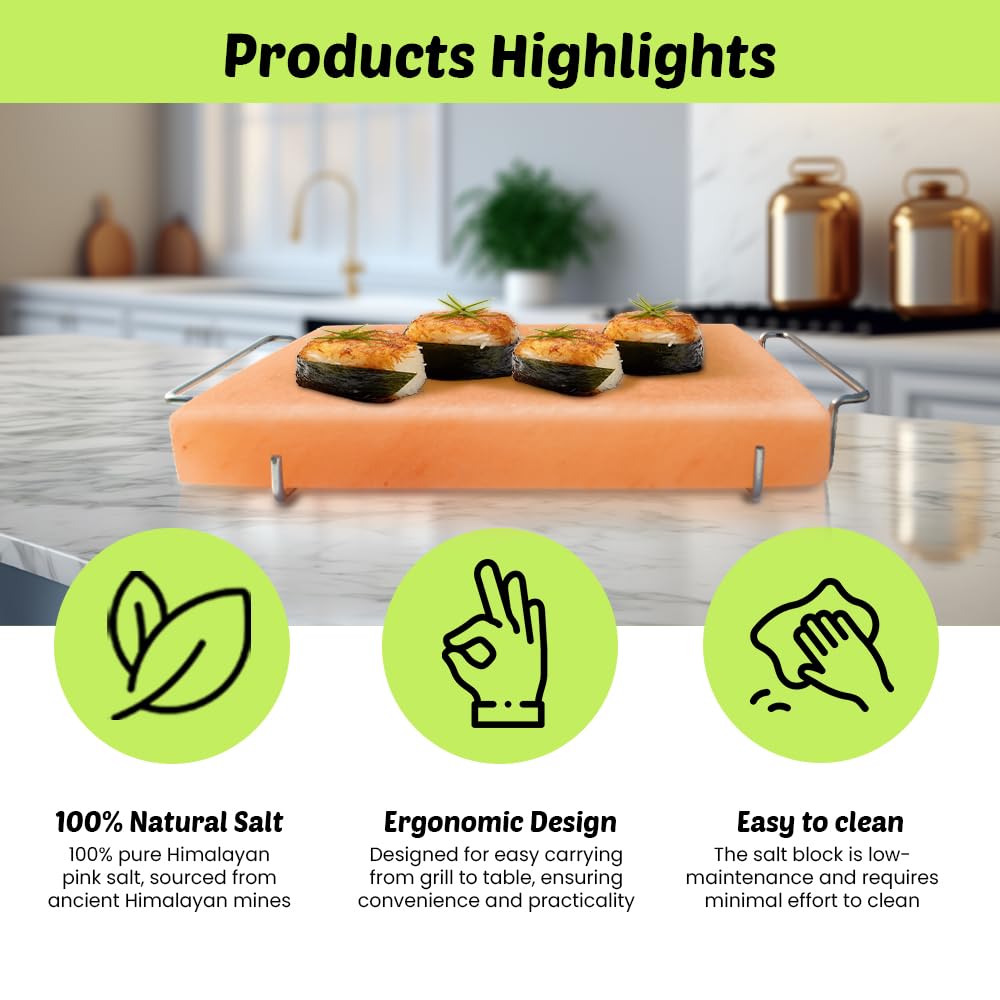 Himalayan Salt Block Cooking Plate 12x8x1.5 for Cooking, Grilling, Cutting and Serving, with Steel Tray & Recipe booklet Unique Gifts for Men, Women
