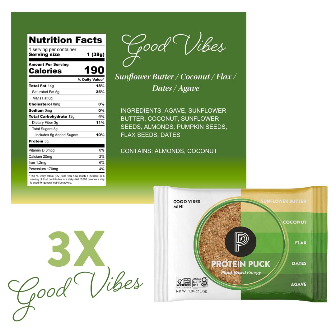 Protein Puck Vegan Plant based Protein Bar - Natural Healthy Snack Bars, 12 Count, 1.34oz Mini, Gluten Free, Dairy Free, No GMO, Kosher - Variety pack