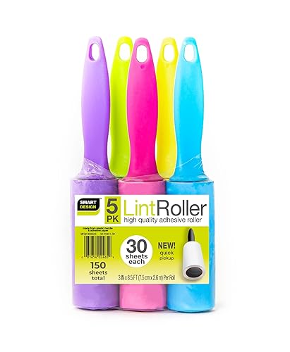 Smart Design Mini Lint Rollers - Set of 5, 150 Sheets Total - Easy-to-Use Lint Roller for Pet Hair Removal, Cleaning Floors, Carpet, Cars & Other