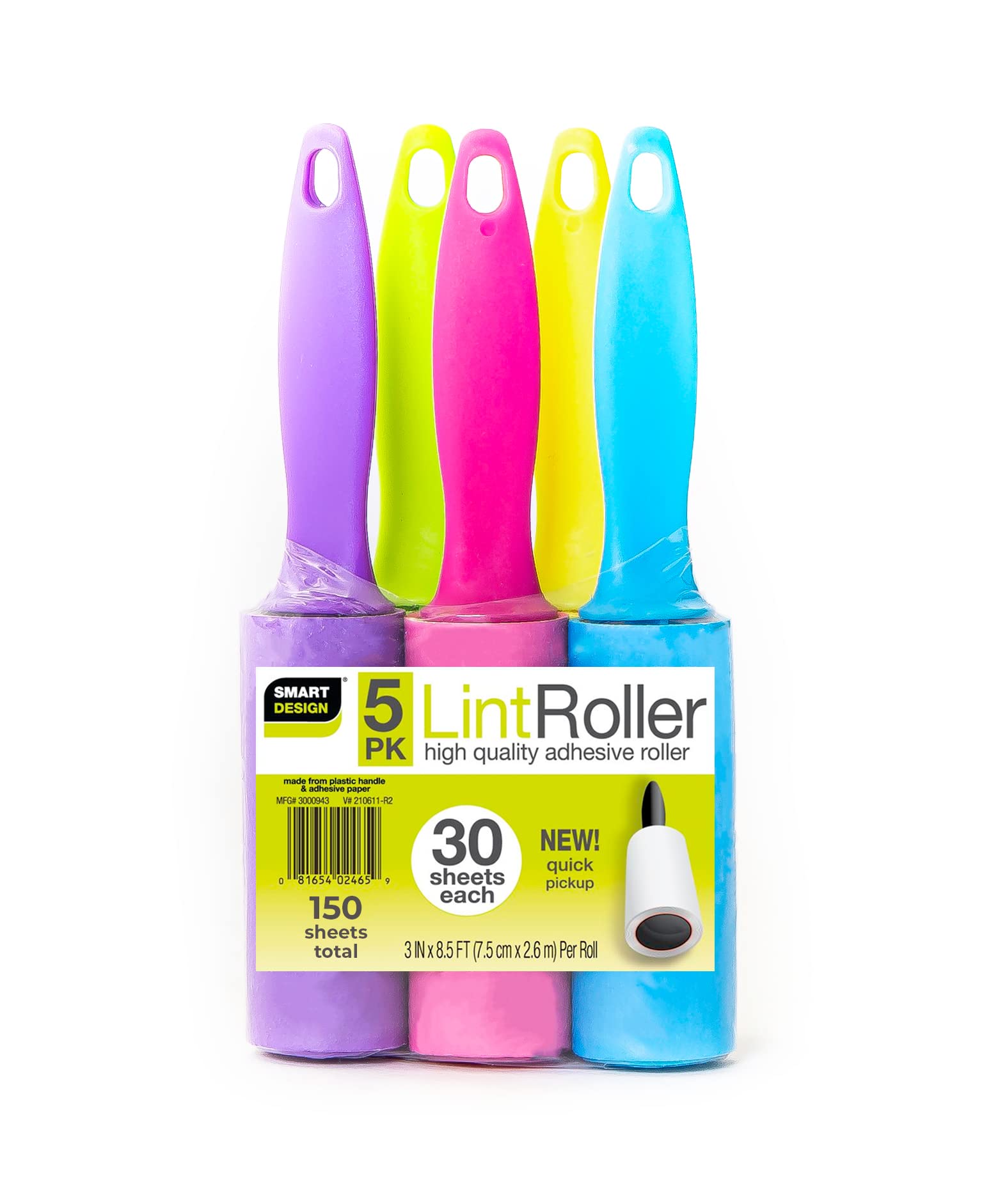 Smart Design Mini Lint Rollers - Set of 5, 150 Sheets Total - Easy-to-Use Lint Roller for Pet Hair Removal, Cleaning Floors, Carpet, Cars & Other