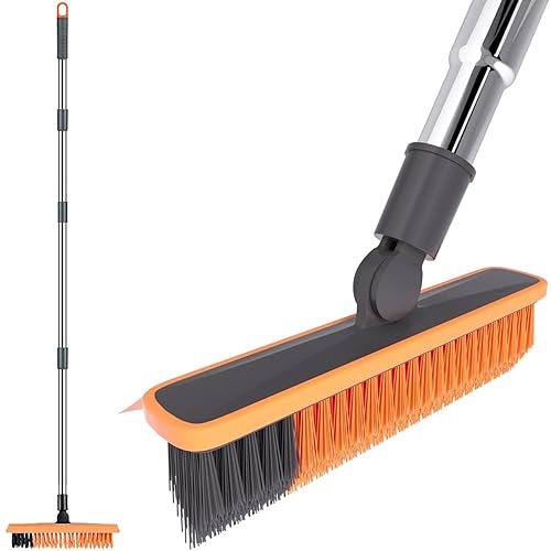 2 in 1 Floor Brush Scrubber with Long Handle Telescopic 3 Poles 61.8'' Grout Brush Scrape Stiff Bristle Cleaning Scrub Brush with Squeegee