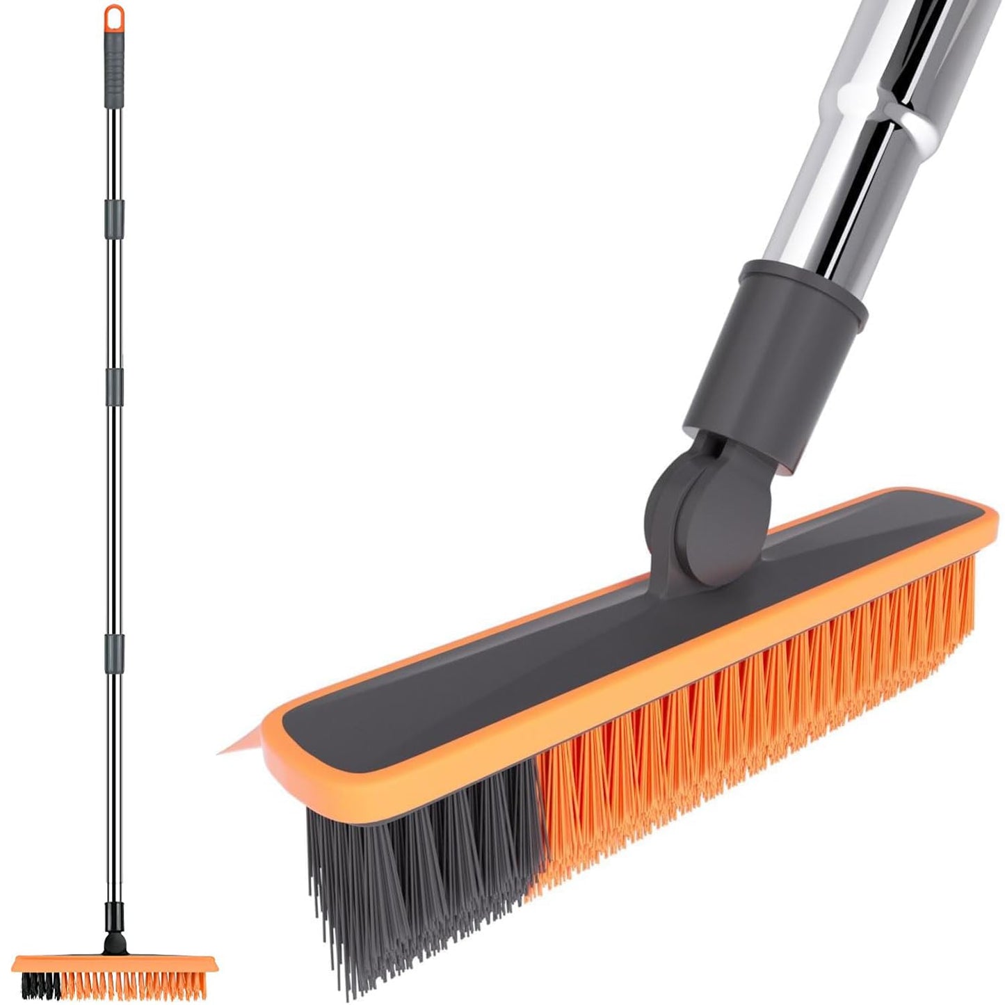 2 in 1 Floor Brush Scrubber with Long Handle Telescopic 3 Poles 61.8'' Grout Brush Scrape Stiff Bristle Cleaning Scrub Brush with Squeegee