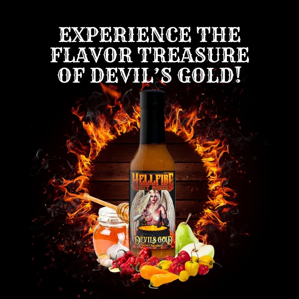 Hellfire Devil's Gold Hot Sauce, Multi Award-Winning, Gourmet Fruit-Based Hot Sauce, Features Yellow Super Hot Peppers and Exotic Fruits, Amazing