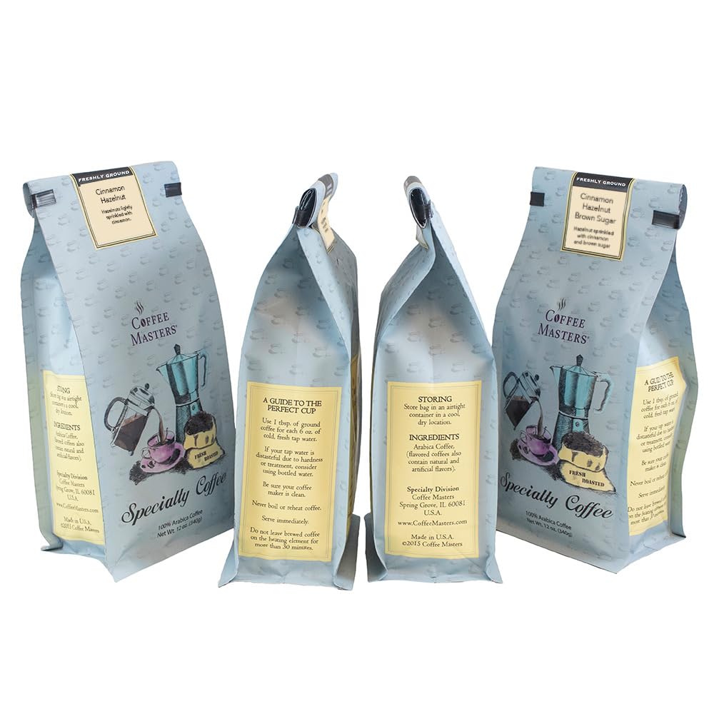 Coffee Masters Ground Coffee Sampler, Hazelnut, Cinnamon Hazelnut, Hazelnut Creme and Cinnamon Hazelnut Brown Sugar, 48 Ounce