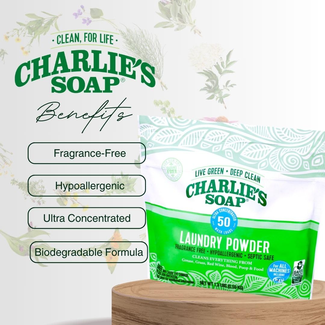 Charlie’s Soap Laundry Powder (50 Loads, 1 Pack) Hypoallergenic Deep Cleaning Washing Powder Detergent - Eco-Friendly, Safe, and Effective