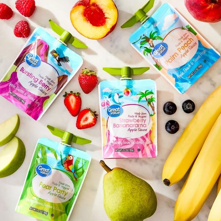 Great Value Fruits & Veggies Applesauce Pouches Variety Pack, 3.2 oz, 48 Count, 4 Flavors