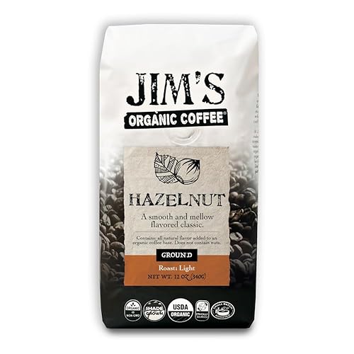 Jim’s Organic Coffee - Hazelnut, All Natural Flavored Blend - Light Roast, Ground Coffee, 12 oz Bag