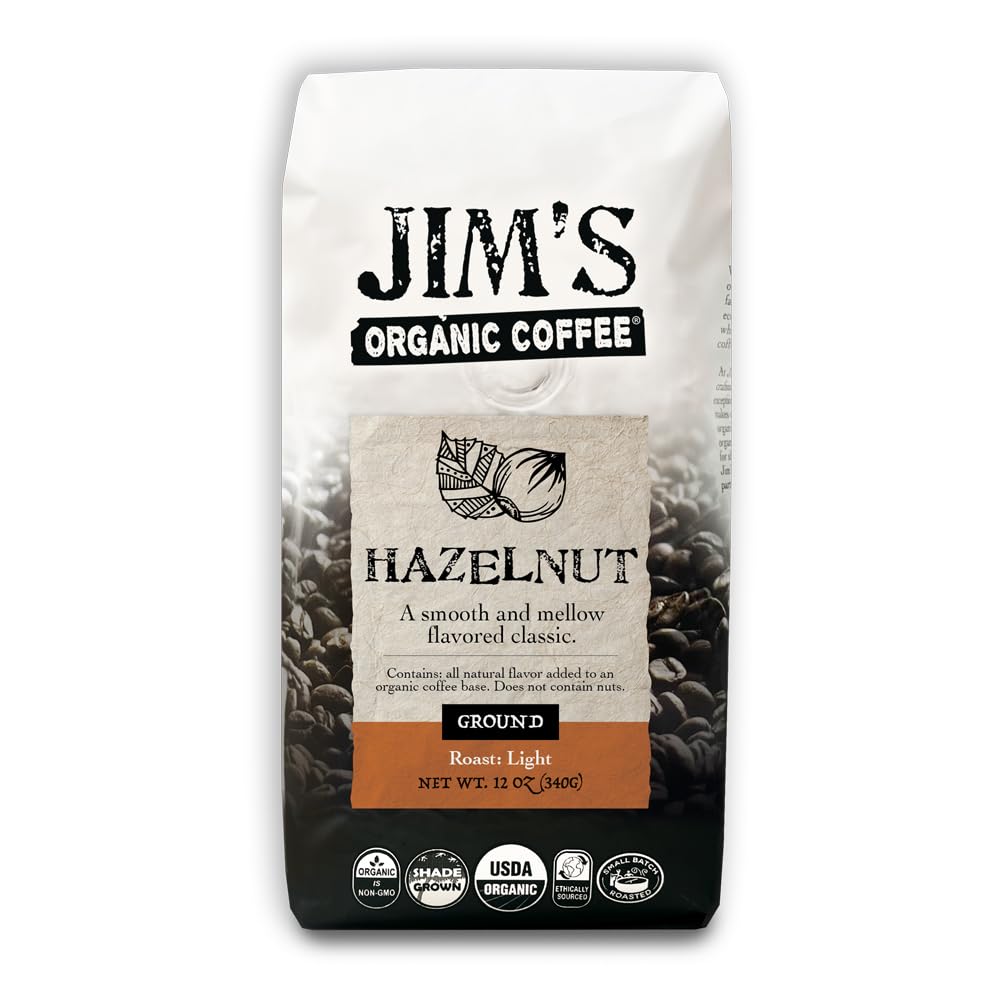 Jim’s Organic Coffee - Hazelnut, All Natural Flavored Blend - Light Roast, Ground Coffee, 12 oz Bag