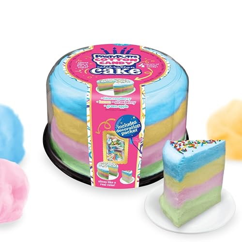 PartyPuffs Jumbo Cotton Candy Cake 13oz - Slices Like Real Cake - Strawberry Apple Blue Raspberry Lemon - Crunchy Candy Topping - Ready to Serve