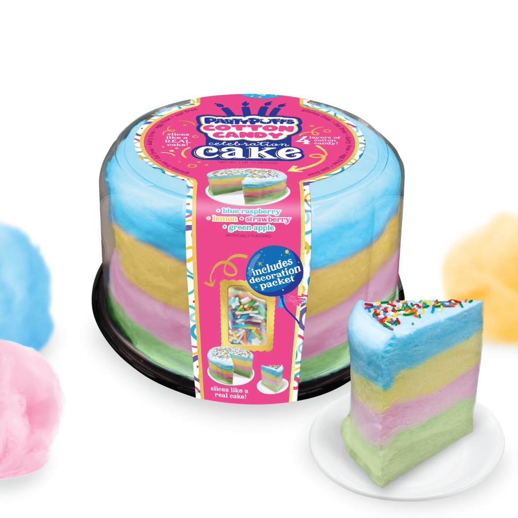 PartyPuffs Jumbo Cotton Candy Cake 13oz - Slices Like Real Cake - Strawberry Apple Blue Raspberry Lemon - Crunchy Candy Topping - Ready to Serve