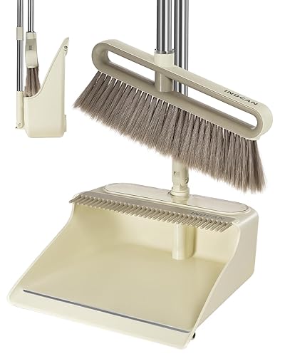 INDCAN Broom and Dustpan Set with 52" Adjustable Long Handle, Upright Standing Dustpan with Comb Teeth, Foldable Dustpan, Angled Broom Head