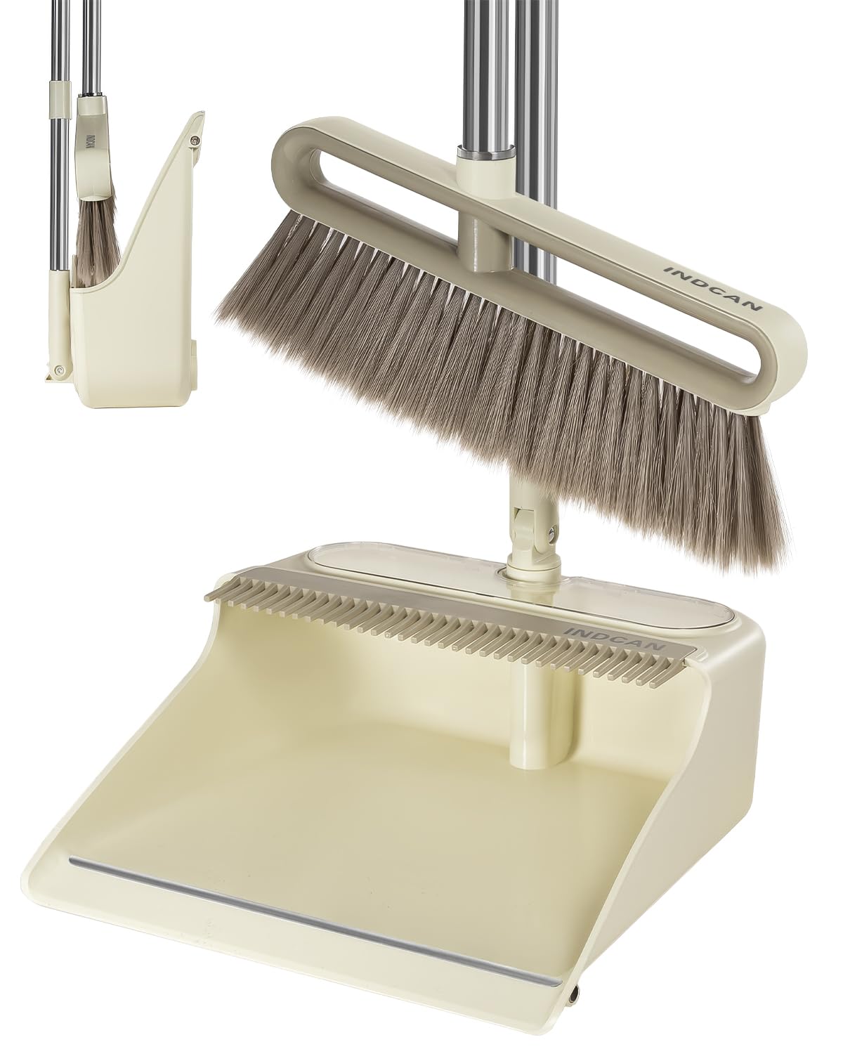 INDCAN Broom and Dustpan Set with 52" Adjustable Long Handle, Upright Standing Dustpan with Comb Teeth, Foldable Dustpan, Angled Broom Head