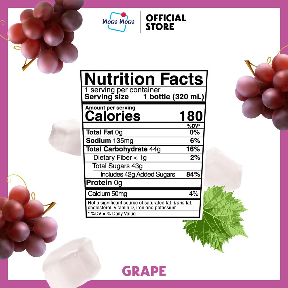 Mogu Mogu Grape Juice Drink with Nata de Coco (Coconut Jelly) - Chewy Fruit Beverage for Kids & Adults, 6 Pack Bottles, 10.82 fl oz Each