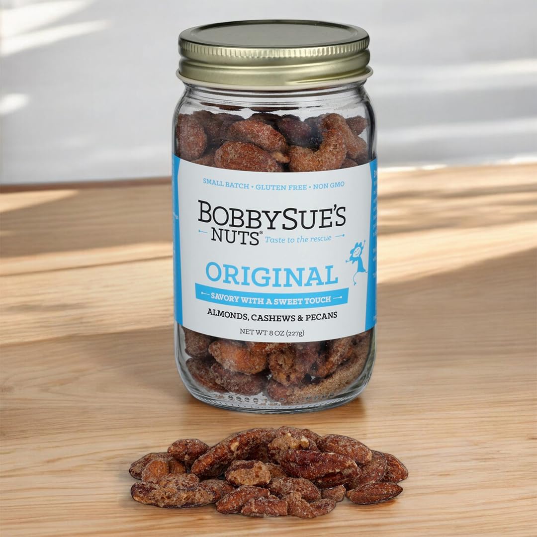 BobbySue's Nuts Original Style, All Natural, Healthy Snack, Gluten Free, Low Sugar, and High Protein Nuts Mix of Almonds, Cashews, Pecans, 8 Oz, 1 Jar