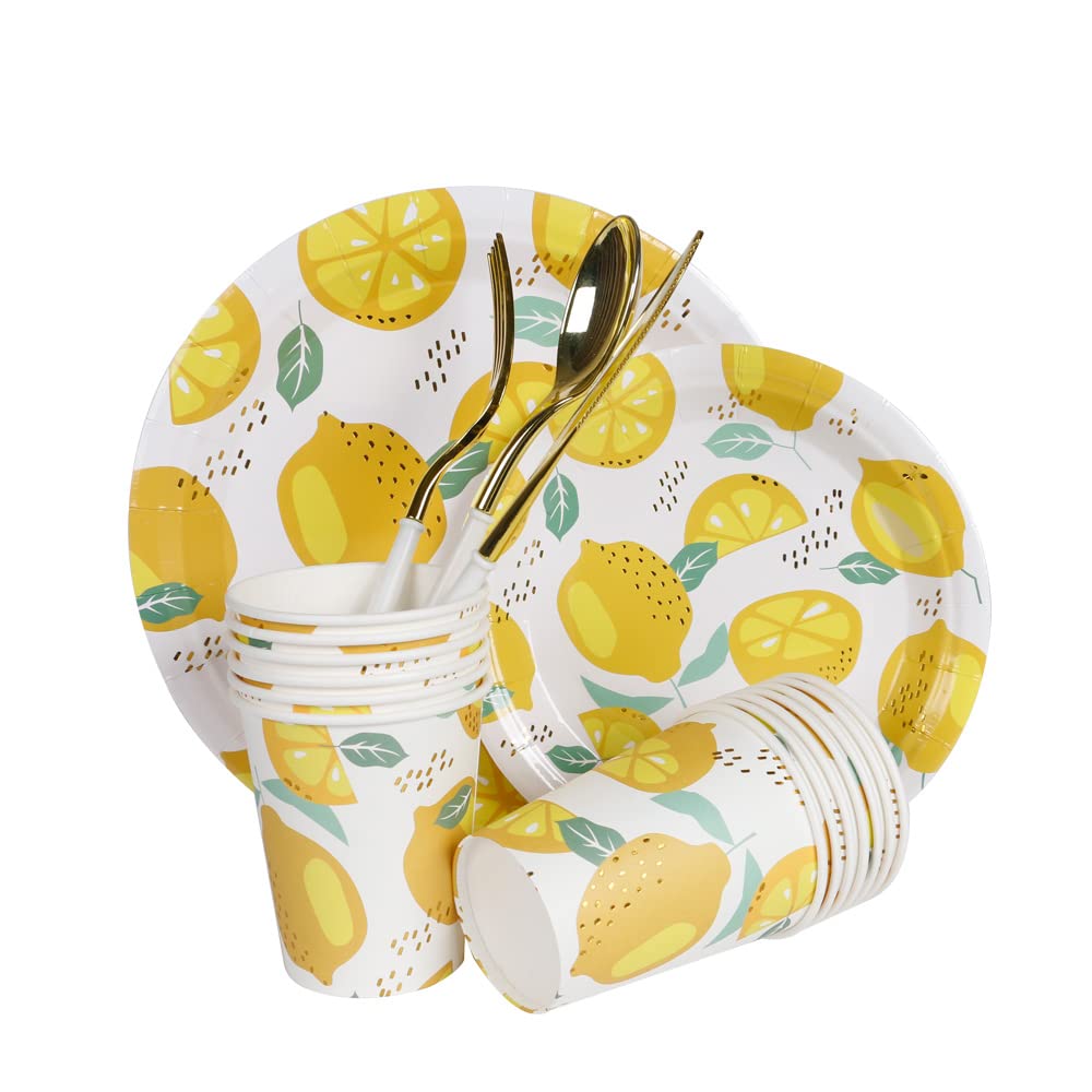 Geeklife Gold Lemon Paper Plates, 7 inch Decorative Floral Fruit Disposable Party Dessert Plates, 20 count