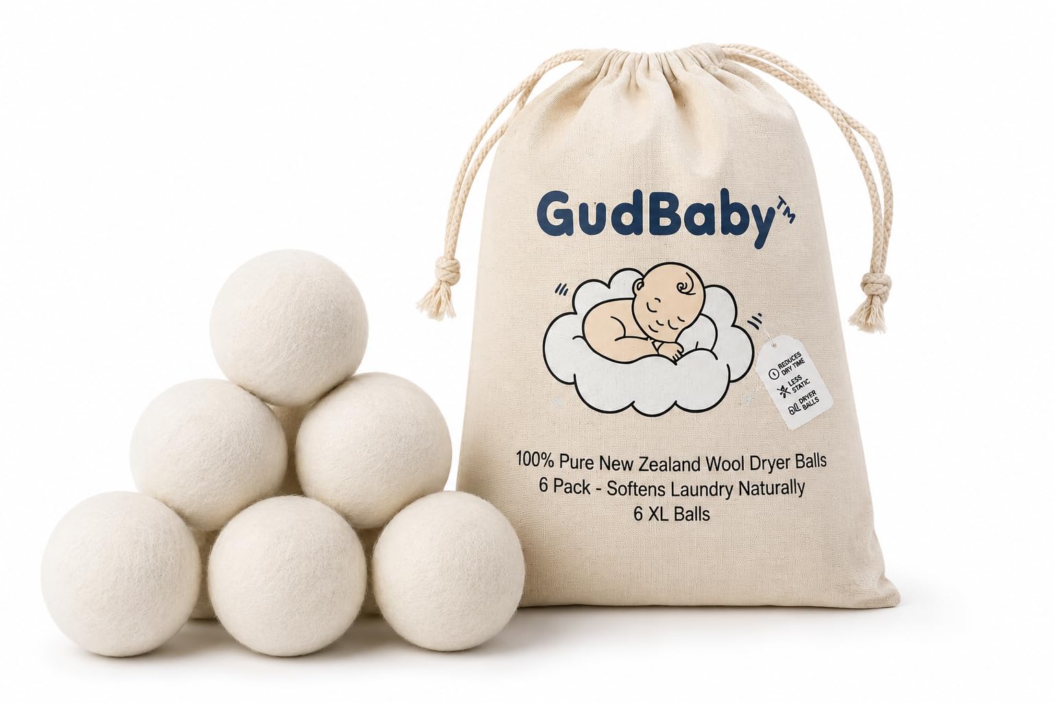 GudBaby Wool Dryer Balls - 6 Pack (100% Premium New Zealand Wool)