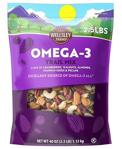 Wellsley Farms Omega 3 Deluxe Mix -Cranberries, Walnuts, Almonds, Pumpkin Seeds, Pecans. Healthy Heart Trail Mix, Power Up, Gluten Free, Cholesterol