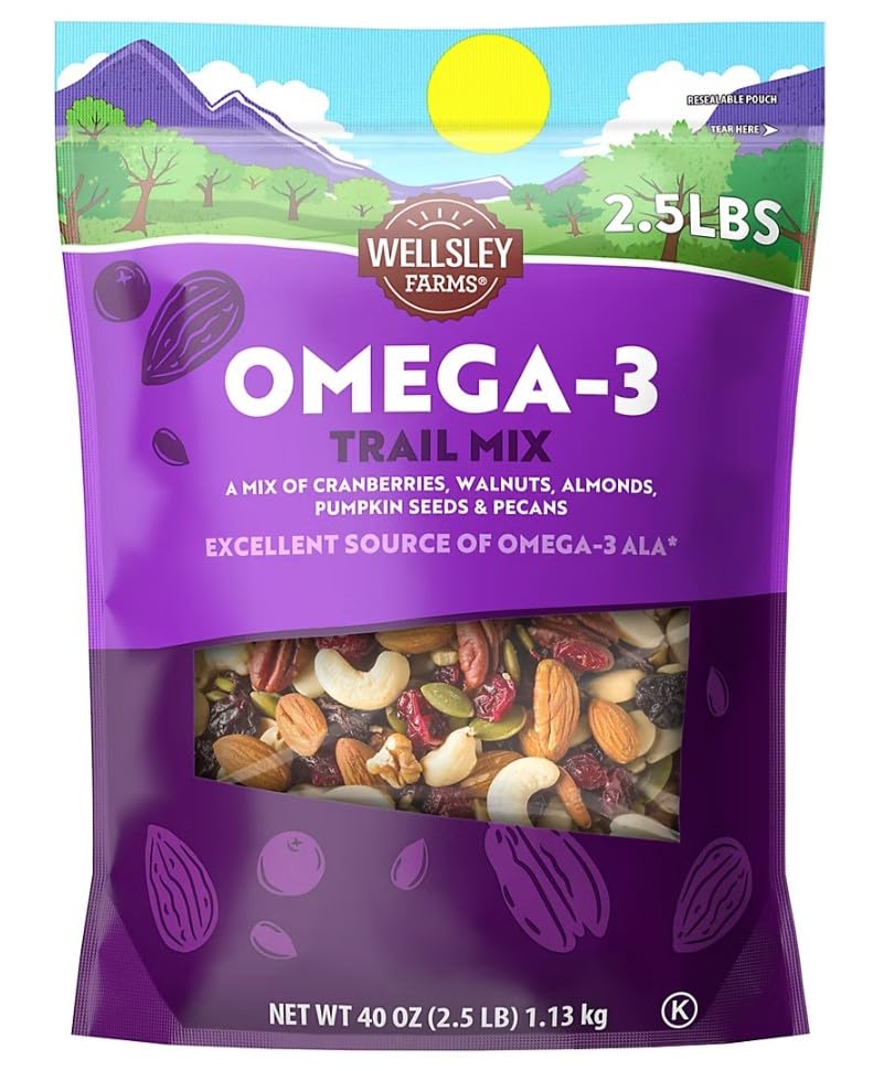 Wellsley Farms Omega 3 Deluxe Mix -Cranberries, Walnuts, Almonds, Pumpkin Seeds, Pecans. Healthy Heart Trail Mix, Power Up, Gluten Free, Cholesterol