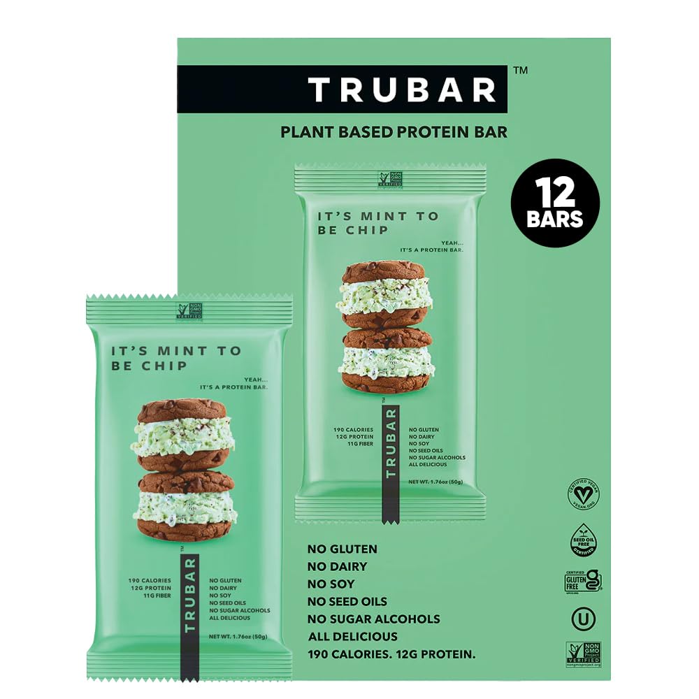 TRUBAR Vegan Protein Bar,It's Mint To Be Chip, Gluten Free, Plant Based Protein, Dairy Free, Non GMO, Soy Free, No Sugar Alcohols, 12G Protein, 12G