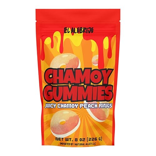 Alebrixes- Peach Ring Chamoy Gummies 8 Oz (226 g) | Juicy Chamoy Peach Rings - Jugosas Gomitas Sabor Durazno Cubiertas con Chamoy | Sweet & Spicy