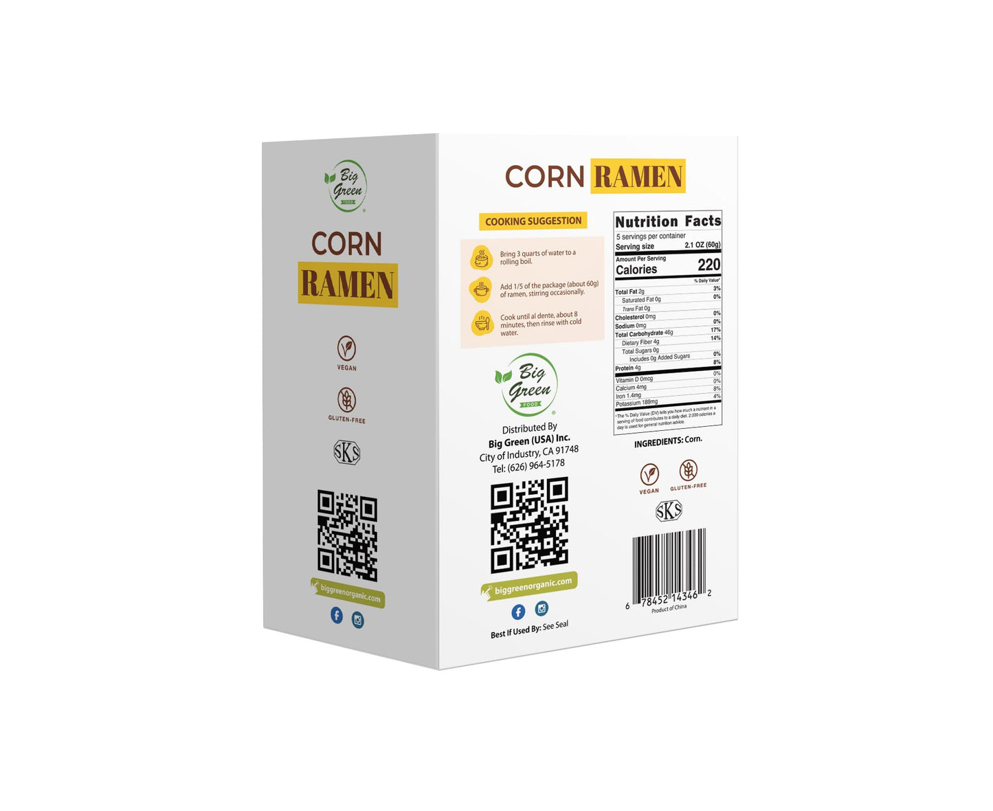 Big Green Food - Corn Ramen, Premium Gluten-Free Penne Pasta, Wheat Free, Vegan Friendly (1 Box)