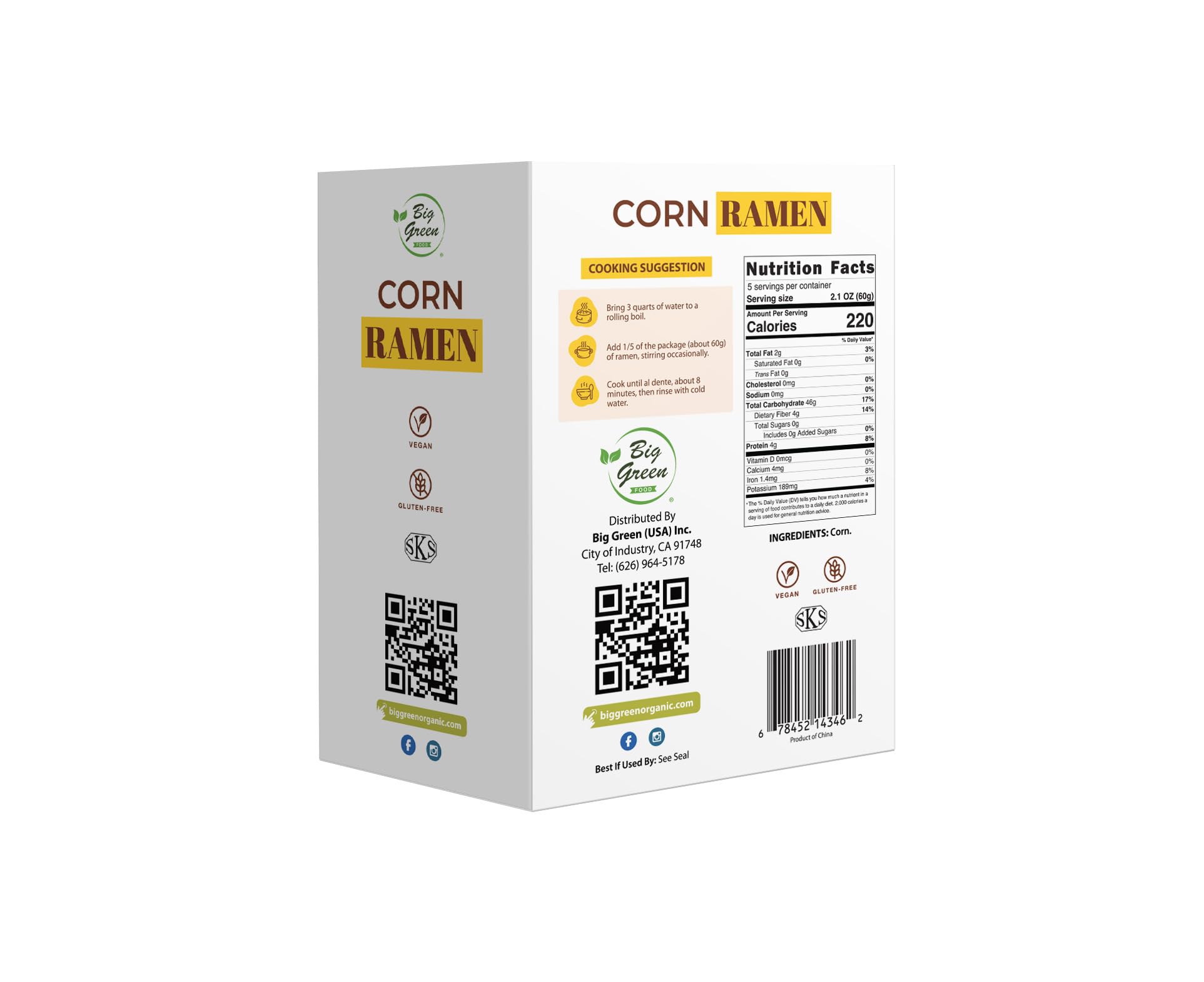 Big Green Food - Corn Ramen, Premium Gluten-Free Penne Pasta, Wheat Free, Vegan Friendly (1 Box)