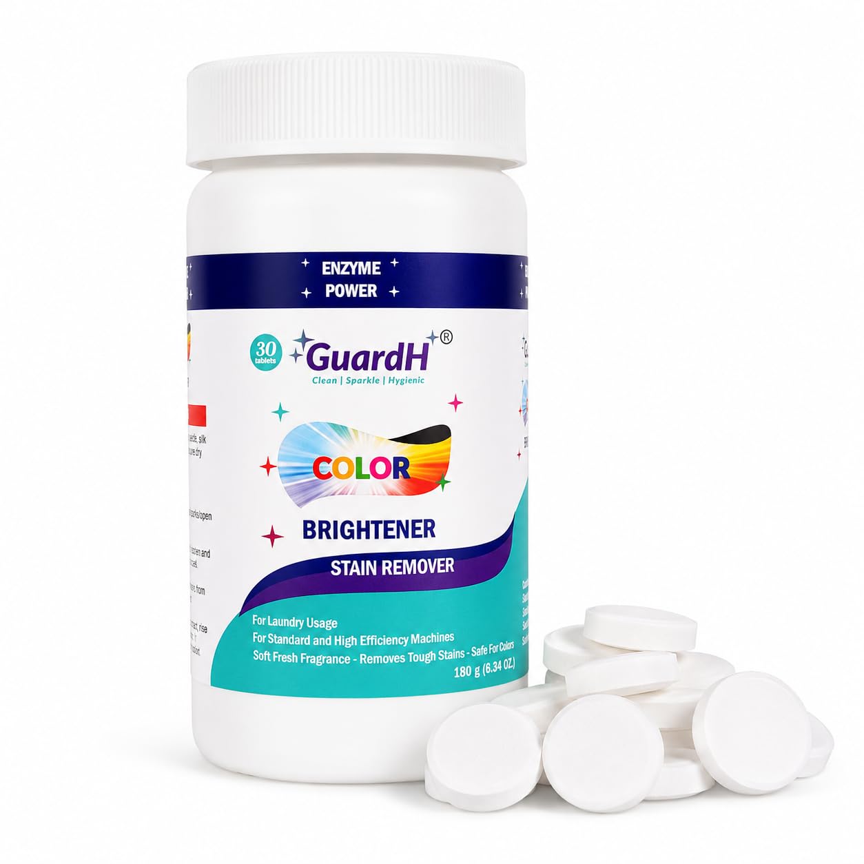 GuardH Laundry Stain Remover & Color Booster Tablets - Brightens Clothes, Removes Tough Stains, No Bleach - 30 Enzyme Tablets for Colorful Loads
