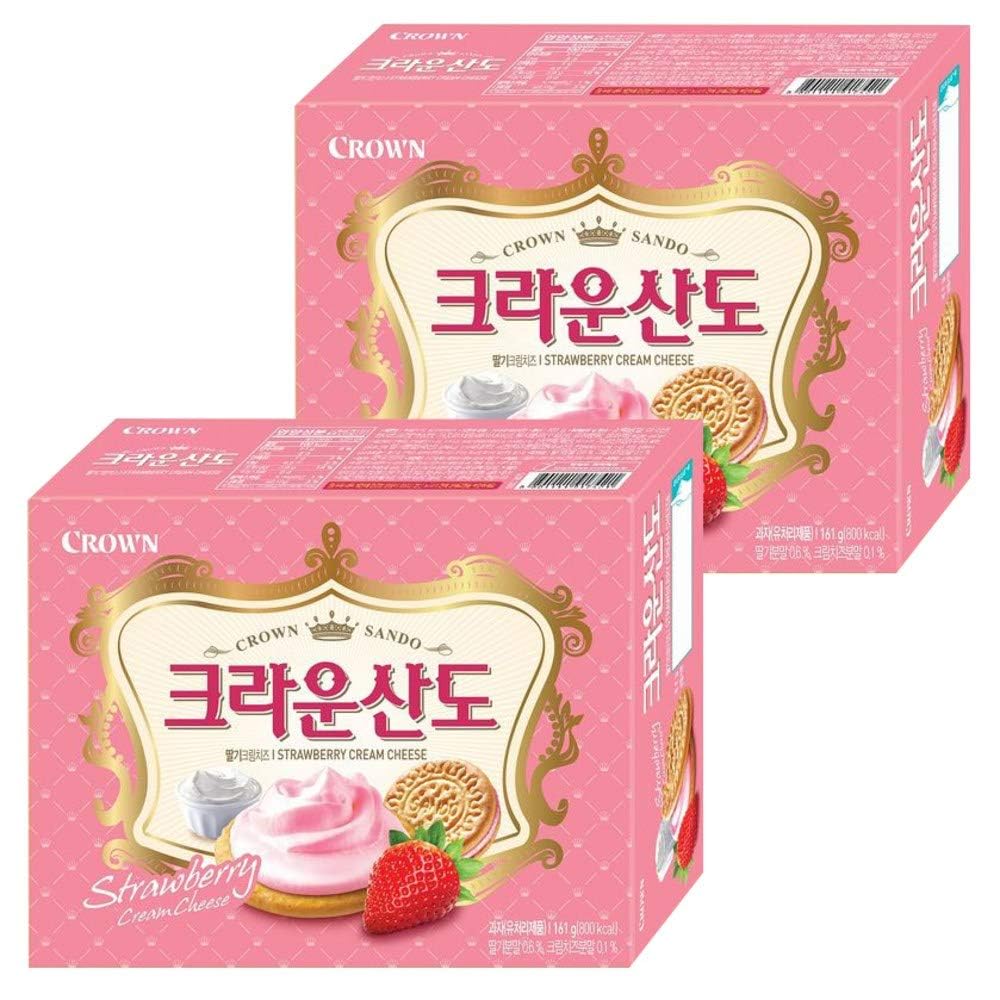 Crown Sando Strawberry Cream Cheese | 161g | 2 Boxes, Korean Snack, Strawberry Cream Cheese Filling Sandwich Biscuit, Sweet & Fruity, ?? ?????? ??