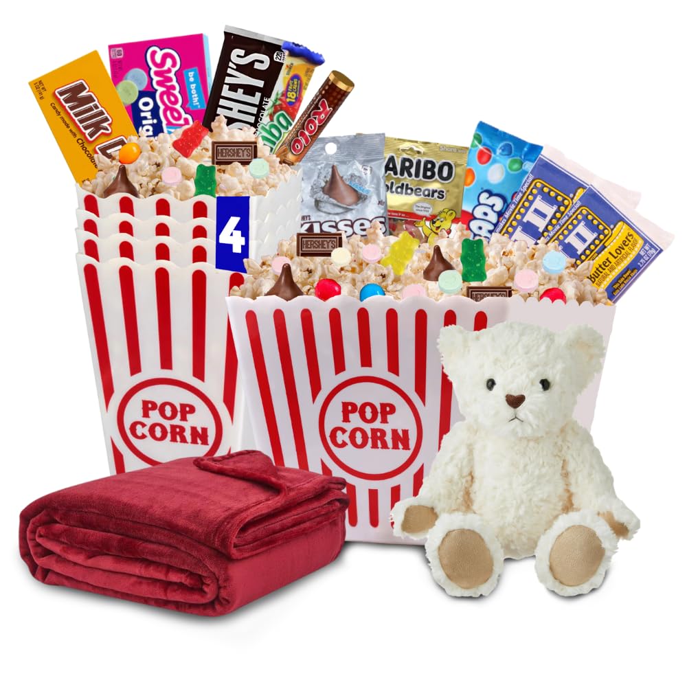 Movie Night Popcorn and Candy Gift Basket with Fleece Blanket & Plush Bear - Perfect for Cuddling & Crunching Together for Cozy (Mixed Pack