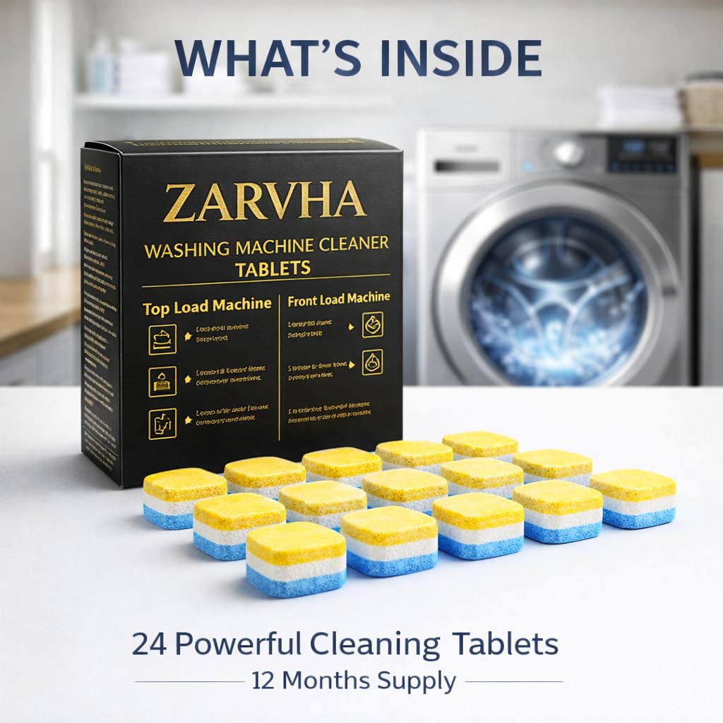 ZARVHA Deep Cleaning Washing Machine Cleaner Tablets - 24 Count (1 Year Supply) - Effective Residue & Limescale Remover for HE and Standard Front or