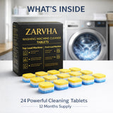 ZARVHA Deep Cleaning Washing Machine Cleaner Tablets - 24 Count (1 Year Supply) - Effective Residue & Limescale Remover for HE and Standard Front or