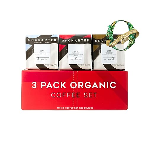 Single-Origin Organic Coffee Beans Gift Box, Light, Medium or Dark Roast Organic Whole Bean Coffee, 3 Pack Explorer, 9 oz each, 1740 Peru by Uncharted