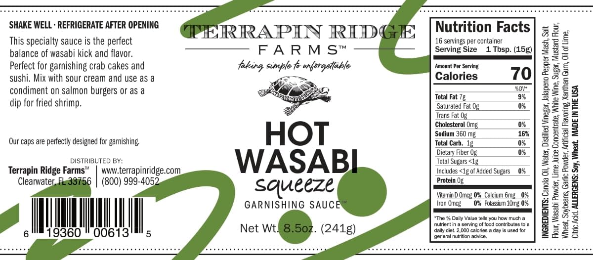 Terrapin Ridge Farms Hot Wasabi Garnishing Sauce - Spicy Wasabi Condiment for Sushi, Crab Cakes, Salmon & Dips, Vegan & Keto - 8.5 oz squeeze bottle