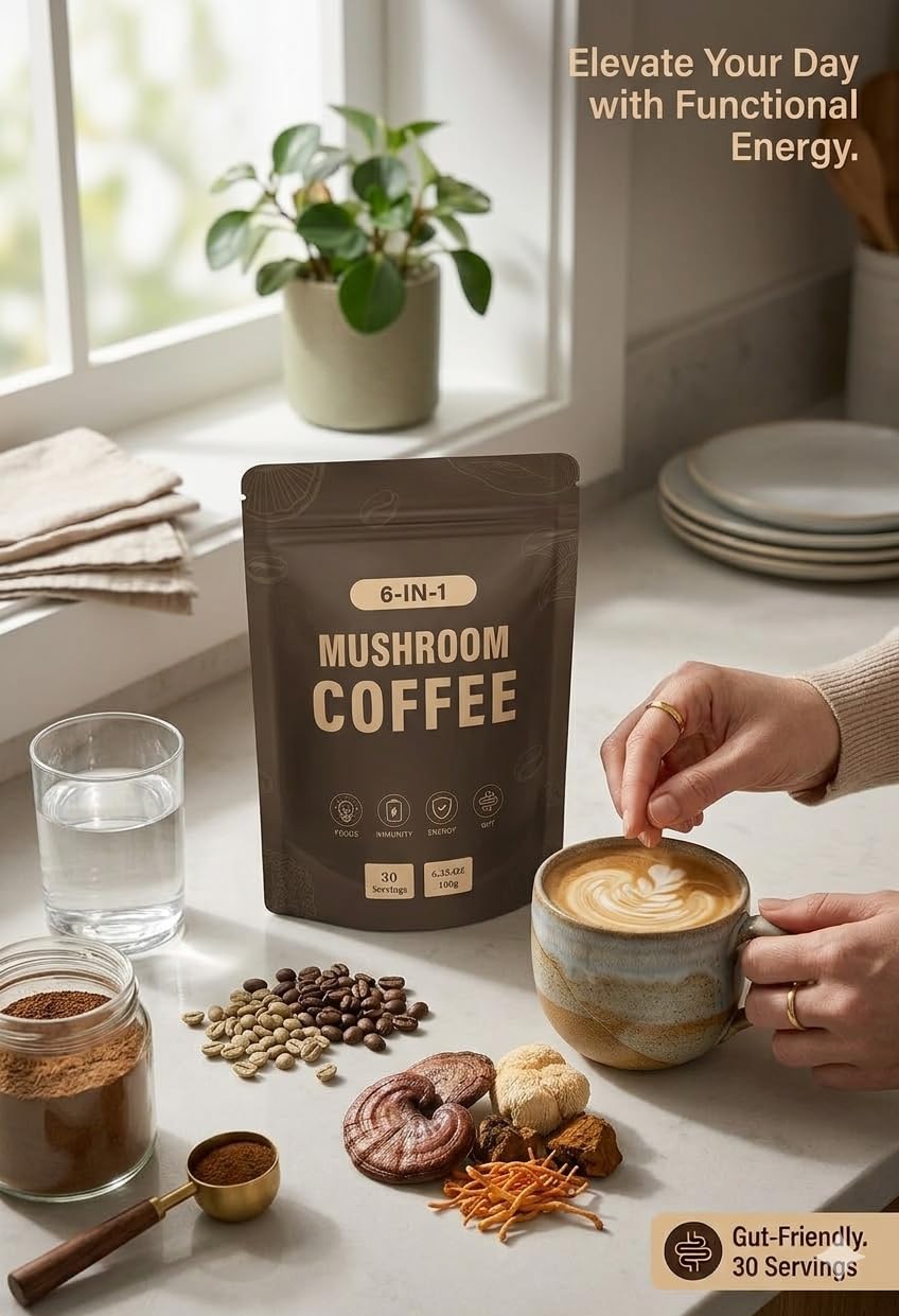 Mushroom Coffee 6 Mushrooms for Gut Health, Energy and Focus Support