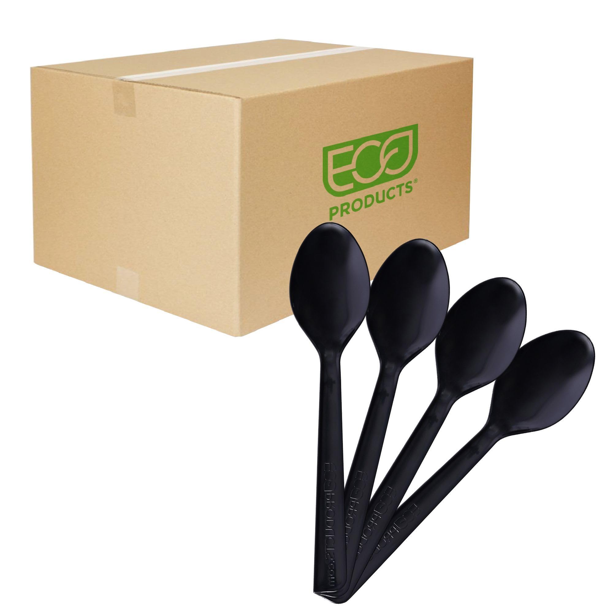 Eco-Products Recycled Plastic 6" Spoons, Case of 1000, 100% Post-Consumer Recycled Content Cutlery, Black Spoon, Heat Tolerance of 180° F, No Virgin