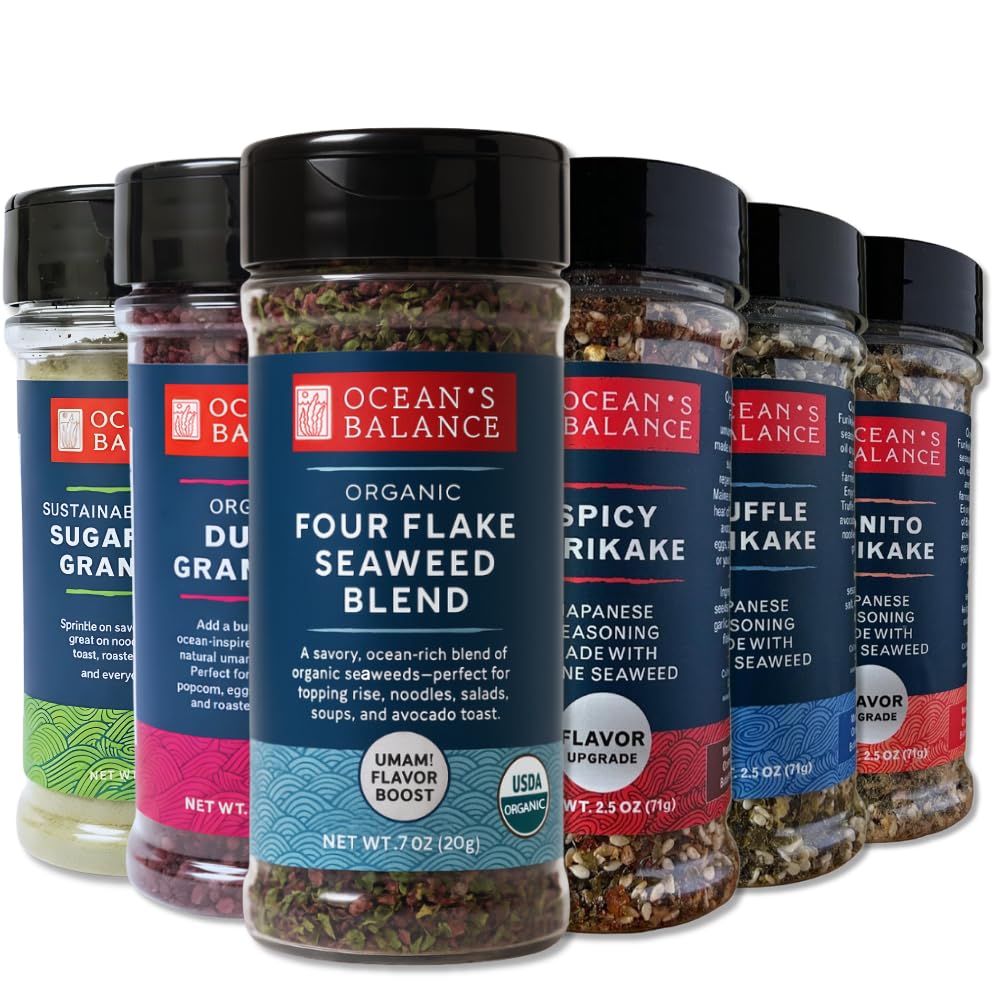 Ocean’s Balance Complete Seasoning Collection - Gourmet Seaweed Seasonings with Spicy, Truffle, Bonito, Four Flake Blend, Dulse Granules & Kelp