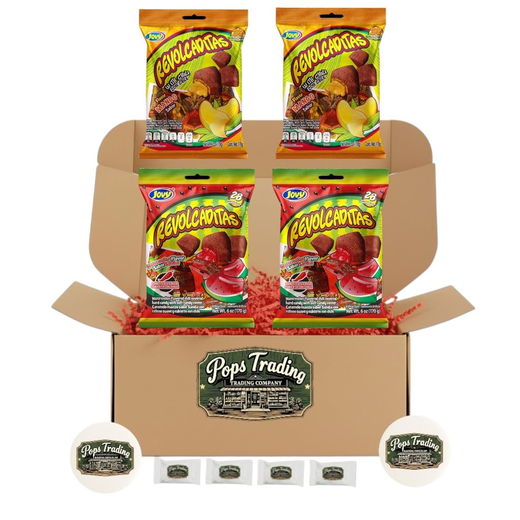 POPS TRADING COMPANY Since 1998 Mexican Candy Sweet and Spicy Hard Candies Covered in Chili Powder Variety Sampler Gift Box 4 packs Mango & Watermelon