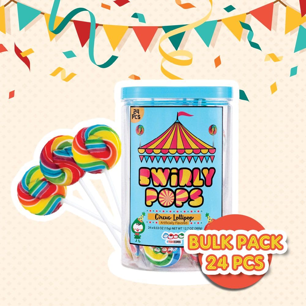 24 Circus Rainbow Lollipops Individually Wrapped, Bursting with Fruity Flavor, Great Swirl Lollipops for Kids Birthday Parties, Party Favor Candy