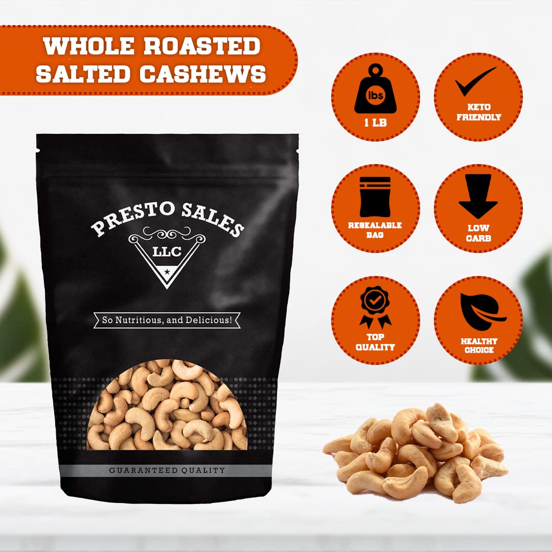 Presto Sales Cashew, "Fresh off the tree" Whole Roasted Salted 16 oz. | Awesome, Great for all ages, Vegan Friendly, Natural Healthy Snack, Delicious
