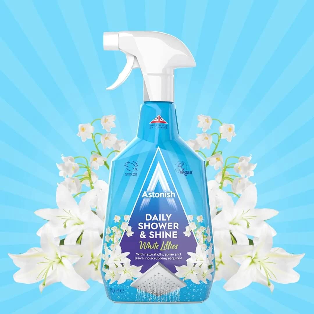 Astonish Daily Shower Shine White Lilies Cleaning Spray - No Scrub After Shower Spray Foam Prevents Watermarks & Limescale Buildup - Vegan