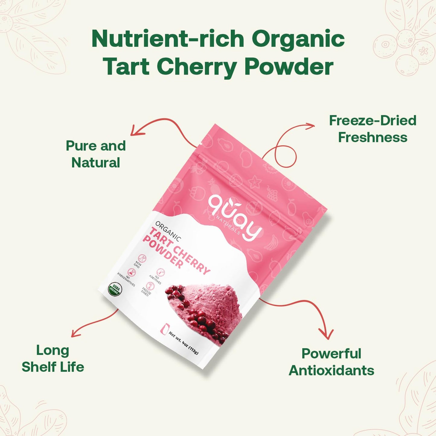 Quay Naturals Organic Tart Cherry Powder, 4oz | Made from US-Sourced Cherries | USDA Organic, Non-GMO, Freeze-Dried, No Additives | Great