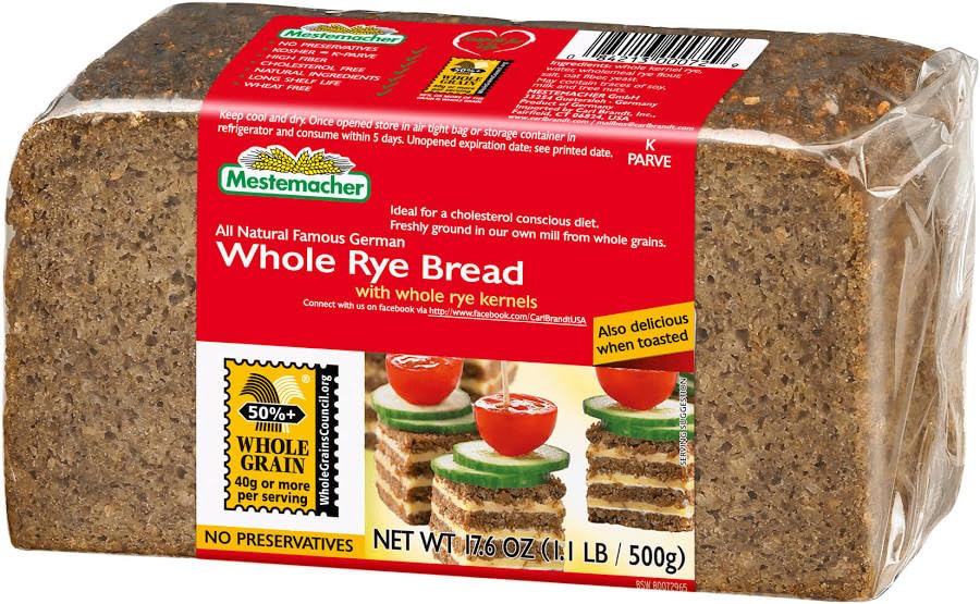 Mestemacher All Natural Whole Rye Bread, 17.6 Oz - Authentic German Whole Grain Rye Bread, High Fiber, Non-GMO, Ready to Eat, Long Shelf Life (Pack
