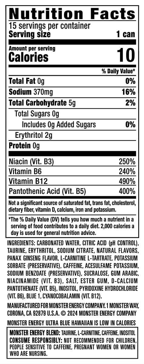 Monster Energy Ultra Blue Hawaiian, Sugar Free Energy Drink, 16 Ounce